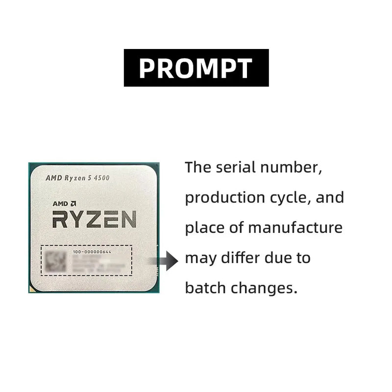 AMD Ryzen 5 4500 3.6GHz Base Clock 6-Core 12-Thread Desktop Processador CPU, AM4 Socket, No Integrated Graphics, No Heatsink Fan